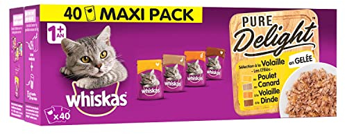 WHISKAS Katzenfutter – 40 Beutel Frische 85 g – Nassfutter für Katzen in Gelee – Huhn/Truthahn/Ente/Geflügel – Pure Delight – Vollnahrung & ausgewogenes Futter mit natürlichen Inhaltsstoffen
