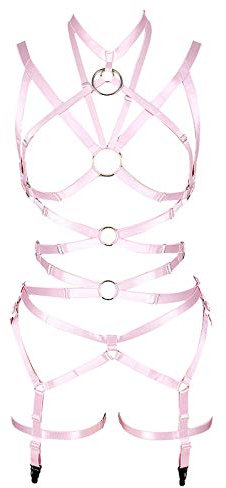 PETMHS Ensemble de lingerie punk à découpes pour femme avec harnais et porte-jarretelles et élastiques, rose, taille unique
