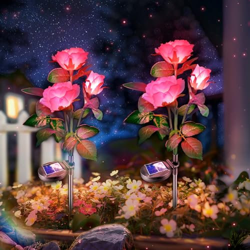 Anordsem Solar Flowers Lights Outdoor Garden: Pink Rose Lights for Grave Decorations Outside - Solar Rose Waterproof for Patio Yard Pathway Flowerbed Decor