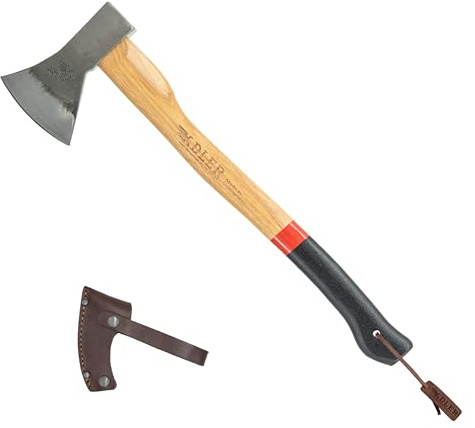 Adler Canoe Axe – Made in Germany Camping Bushcraft w/ 20 in Hickory Handle, Leather Sheath, Anti-Slip Grip, 1-1/4 lb Head, C60 Carbon Steel, Lightweight for Kindling, Firewood, Hiking, Outdoors (A3)
