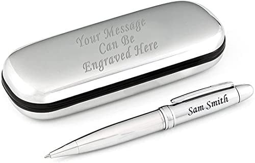 Paul Clover Personalised Engraved Pen and Engraved Classy Chrome Case - Personalised Gifts for Anniversary, Christmas, Gifts For Men and Women - Enter Your Custom Text (Silver)