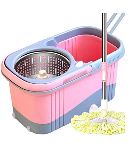 RONGJJ Mop And Bucket Set, Lazy People Mopping Artifact, Dual Drive 360° Spin Rotating MOP & Bucket Set Floor MOP Home Cleaning With Two Microfiber Dry Wet Cleaning MOP Heads, Pink