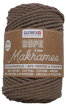 GLOREX 5 1007 03 - Makramee Rope 3 mm, superweiches Textilgarn aus 60 % Baumwolle / 40 % Viskose, zum Häkeln, Stricken, Knüpfen und textilen Gestalten, 250 g, ca. 63 m, gedreht hellbraun