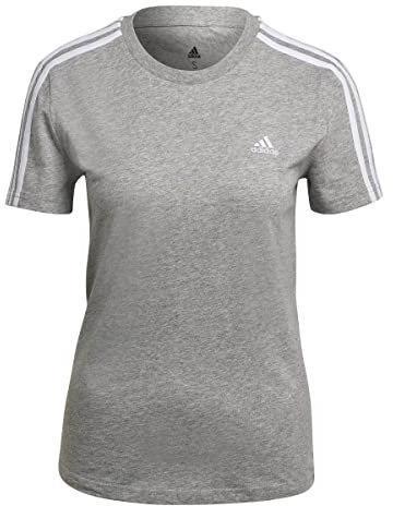adidas Mujer Essentials Slim 3-Stripes Tee, Medium Grey Heather / White, XS