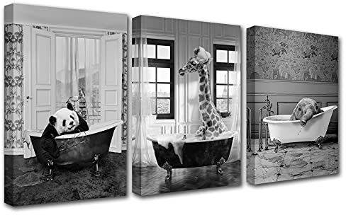 Panda und Elefant in Badewanne, Leinwand-Wanddekoration, Giraffe, spielt mit Blasen, modernes Kunstwerk, schwarz-weiß, Heimdekoration für Wohnzimmer, Holzrahmen, Poster und Drucke, 106,7 x 50,8 cm