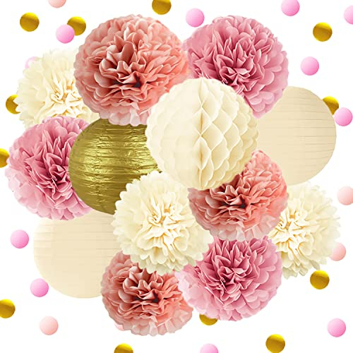 YBwanli jga deko frauen,Lampions & Pompons, rosa pomponsgartenparty deko. Hochzeitsdeko,Geburtstagsdeko, Konfetti für hochzeit deko, Babyparty in Rosa, Machen Sie jeden Moment voller Romantik
