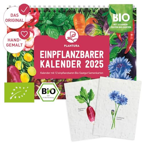 Plantura Einpflanzbarer Kalender 2025, A4-Format, Bio-Saatgut-Kalender mit 12 Samenkarten zum Einpflanzen
