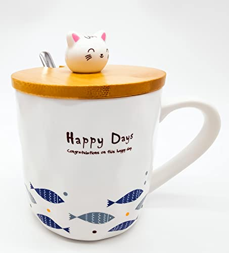Krown'd Fox Japanische Katzen Tasse süße Teetasse Kaffeetasse mit Bambus Deckel Japan Geschenk Becher Happy Days (Fisch Schwarm)