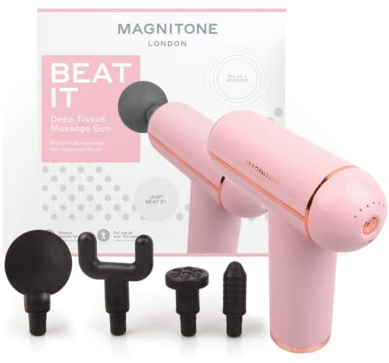 MAGNITONE Beat It Deep Tissue Massage Gun (Pink) - Suitable for Back, Shoulders, Arms, Legs & Glutes - 4 Interchangeable Heads, 6 Speeds - Relax & Relieve Muscle Tension - USB Rechargeable