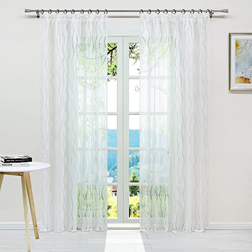 ESLIR Gardinen mit Kräuselband Ausbrenner Vorhänge Transparent Weiß Wohnzimmer Fensterschal mit Wellen Muster BxH 140x245cm 2 Stück