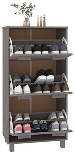 Gecheer Schuhschrank, Schuhkipper mit 3 Klappen, Schuhkommode Massivholz Kiefer Hellgrau 59,5x35x117 cm