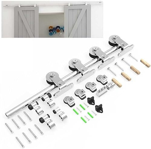 Rail Porte Coulissante Inox Double 366cm Kit Roulette Suspendue Systeme Noir pour 2 Porte Coulissante Interieur 91cm Large, Acier Inoxydable T Forme