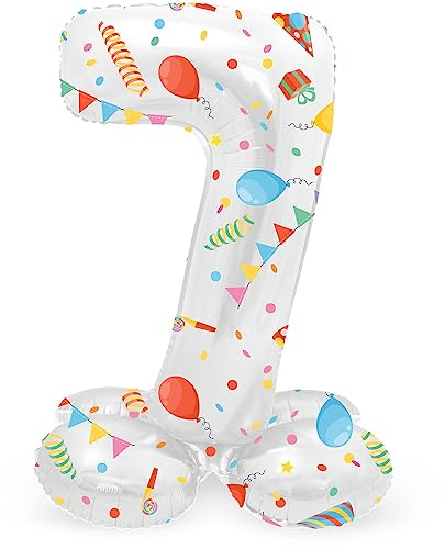 Folat 64767 Luftballon Geburtstag Stehender Ziffer Zahl 7 Joyful Party Weiß mit Geschenke und Dekoration 41 cm - Decoration Geburtstagdeko, Ballon Zahl, Kein Helium erforderlich