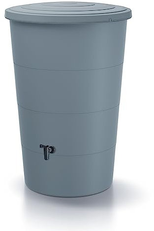 Wassertank Smooth 160L | Ø60 x 87,8 cm | Inklusive Wasserhahn und Wasserauffangsystem | Gartentank | Farbe Grau modernes Design