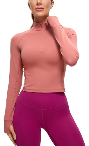 CRZ YOGA Damen Butterluxe 1/2 Reißverschluss Langarmshirt Sport Pullover Crop Oberteile Fitness Gym Running Sweatshirt mit Daumenloch Briar Rose 38