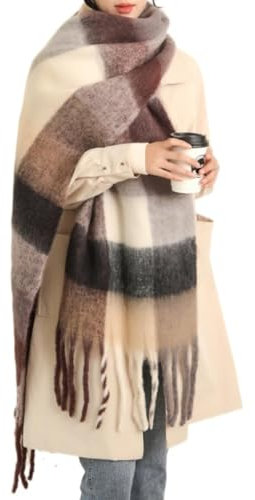 MININAI Chunky Winter Scarfs for Women Cold Weather Warm Knit Thick Plaid Scarf Long Large Oversized Checked Scarves, Brown, One Size