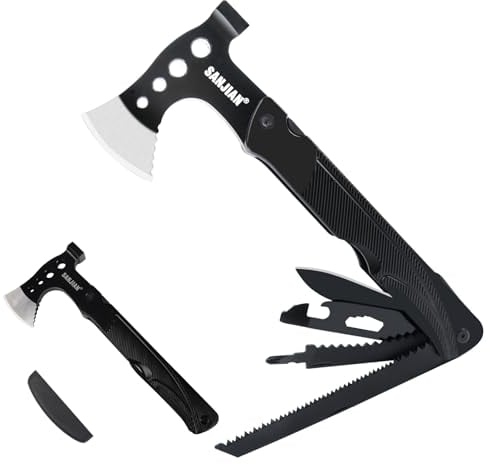 Camping Axt Beil, 8'' Scharfe Camping Axt, Outdoor Survival Multitool Axt, Ergonomischer Aluminium Griff 14 in 1 Multifunktionswerkzeug Axt mit Hammer Säge Messer, Mini Werkzeug für Männer