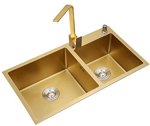 Küchen-Doppelwaschbecken, Gold-Nano-Doppelwaschbecken, handgefertigtes Doppelwaschbecken aus Edelstahl, 4,0 mm Dicke, großes Aufsatzwaschbecken (Farbe: Gold, Größe: 75 x 40 x 30 cm).