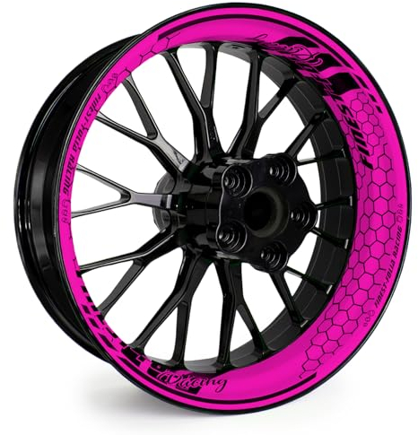 4-teiliges Felgenbettaufkleber Set für 17 Zoll Felgen Komplett Dekor Folie für Motorrad Felgenrandaufkleber selbstklebend wasserfest uv-beständig MR021 (11-06 Neon Pink FF Racing)
