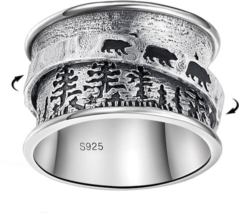 BONLAVIE Spinner Ring Damen, Drei Bären und Kiefernmuster Ring Silber 925, Breiter Band Ring, Anxiety Ring, Silberring 925 Damen, Vintage Ring Damen, Ringe Frauen