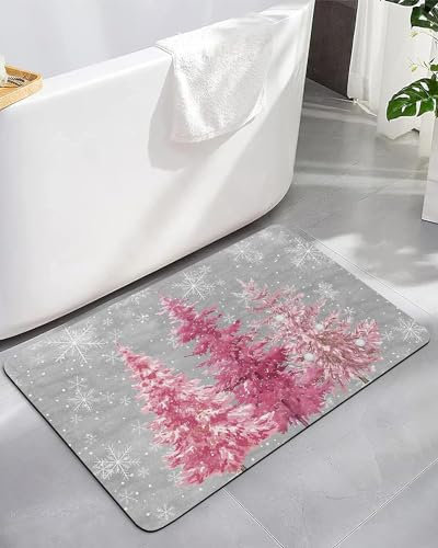 Door Mat Abstract Christmas Tree Blush Pink Xmas Snowflake Grey Entrance Rug Non-Slip Front Door Mat Machine Washable Entrance Matting For Living Room Kitchen Garden 40x60cm