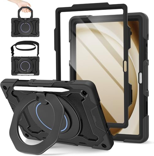 ROISKIN für Samsung Galaxy Tab A9 Plus Hülle 11 Zoll 2023,Schwarz | Stoßfeste Cover für Galaxy Tab A9+ (SM-X210/215/216) mit Displayschutz & 360° Drehbarer Ständer & Schultergurt & Stifthalter