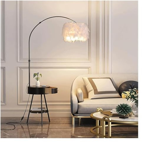 Lampadaire sur Pied Lampadaire décoratif en plumes blanches robuste, Table basse intelligente à chargement sans fil avec tiroir, lampe à poteau haut en métal Lampes Moderne (Size : Black-)