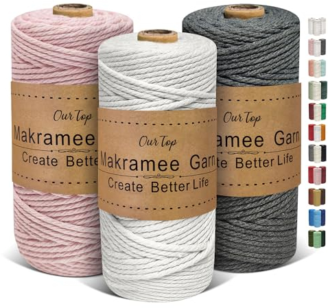 OurTop Premium Makramee Garn 3er Set, 3mm x 100m Macrame Cord Makramee Schnur Makramee Kordel, Garn für DIY Handwerk, Weben Dekoration, Hängepflanze Pflanze Aufhänger(Natur, Blush, Grau)
