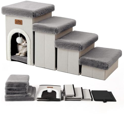COZY KISS Escalera para Perros Pequeños con Almacenaje y Condominio, Escaleras Plegable para Mascotas para Cama, Sofá y Silla, Rampa para Gatos, Durable, hasta 80kg, Gris (Gris, 33x89x45, 4)