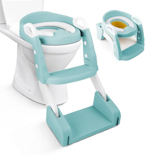 Kidoola 2-in-1 Toddler Potty Training Toilet Seat with Ladder, Portable Kids Seat with Splash Guard, Non Slip Toilet Potty for Boys & Girls, Ideal for Training Stages (Duck Egg)