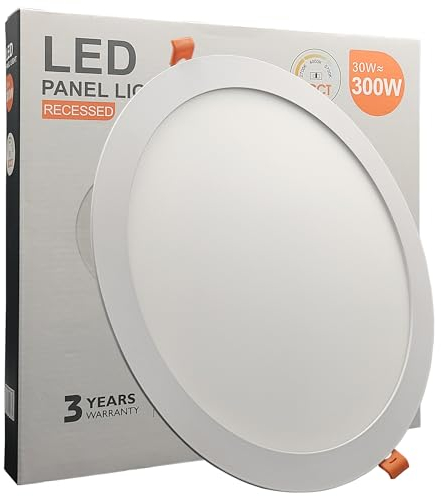 FactorLED Downlight LED Circular 30W (300W) Slim, Ø300x22mm, 3300Lm, Placa Redonda Empotrable, Panel Extraplano, Corte techo Ø280mm, Luz Seleccionable 2700K-4000K-5700K (CCT)