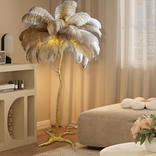LDIEUWUET Feder Stehlampe Wohnzimmer, 170 cm natürliche Straußenfeder Stehlampen, Moderne Federlampe Stehlampe mit Fußschalter, Standleuchte für Wohnzimmer, Schlafzimmer, Dekoration (Brown)