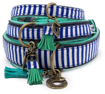 Dog with a Mission - Hundehalsband L | Gestreift/Blau/Türkis/Weiß | Ideal für große Hunde | Handgemacht | Ethno und Nautisch Design | Ibiza Stil | Bunt und Modisch | 4 cm Breit