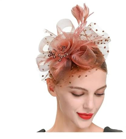 YUEZHAN Stirnband Haarband Damen Fascinators Hut Mit Mesh-Blume Faux Pearl Feder Dekor Kopfstück Tea Party Kopf Bedeckung Clip Retro Hair Hoop Party Stirnband Braun