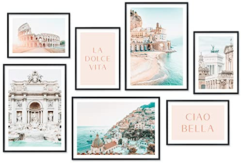 Hyggelig Home Premium Poster Set - 7 Italien Bilder - Urlaub Meer Strand Landschaft Küste Amalfi - Set Dolce Vita - mit Rahmen schwarz
