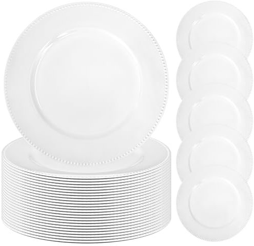 24 Pcs White Charger Plates Bulk, 13 Round Beaded Plate Chargers for Dinner Plates, Decorative Dinner Chargers Plastic Table Chargers for Wedding Holiday Party Baby Shower Event Decoration (White)
