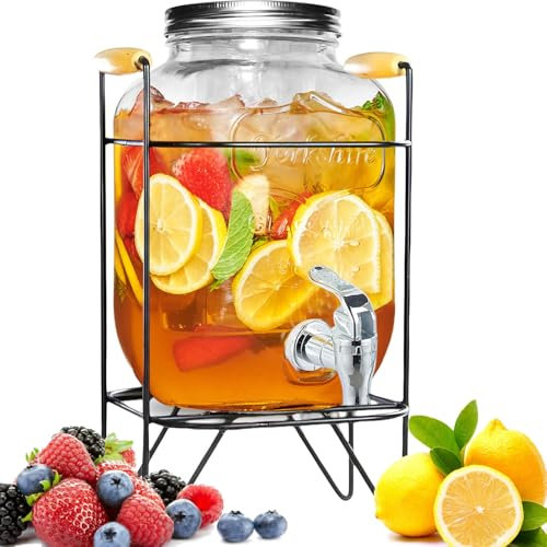 Duscdesp 4L Getränkespender mit Ständer mit Zapfhahn und Deckel, Wasserspender Glas mit Presse Hahn Saftspender Limonadenspender Kühlschrank Partys Spender für Saft, Wasser, Kalte Getränke