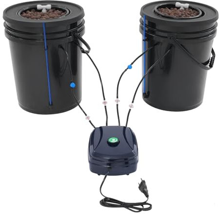 Etrhdfyts DWC Hydroponic System Komplettset mit 12W Luftpumpe, 2 Eimer-5-Gallonen, Hydrokultur Anbausystem, 2 Beutel-Ceramsite,Topf-Tropfkit