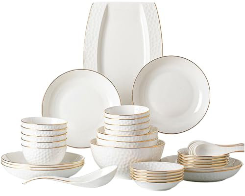 YLME Juego de Vajilla de Porcelana de 28 Piezas - Servicio para 6 Personas, Platos y Cuencos de Cerámica Blanca con Borde Dorado, Apto para Microondas y Lavavajillas,Blanca