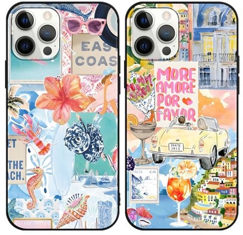 Phoona 2 Pack Cute Case for iPhone 12 Pro Max 6.7, European Collage Preppy Summer Girly Design Pattern for Girls Women, Slim Soft Silicone Shockproof Bumper Protector Cover, Blue 03