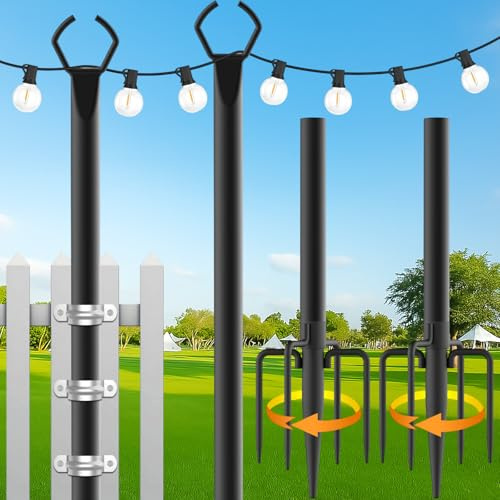 Orifesio 2 Piezas Postes de Luces de Cadena, Postes Metálicos de 3m para Luces de Cadena de Exterior, Soporte de Iluminación Resistente para Exteriores, Patios, Jardines, Fiestas y Decoración Navideña