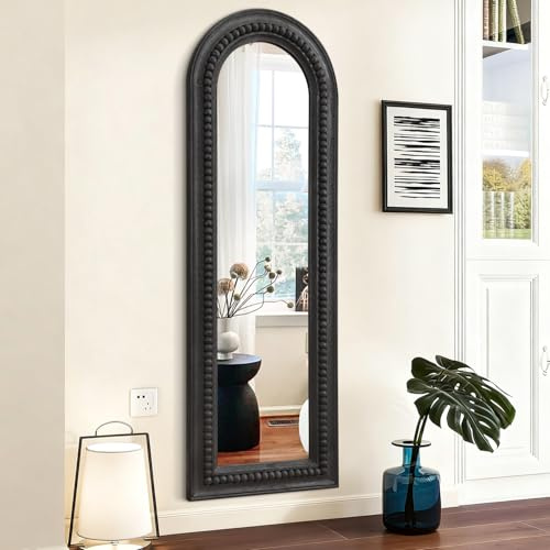 MWAZZLL Arch Full Length Mirror with Beaded Wood Framed Black Decorative Large Wall Mirrors 120x40cm for Bedroom Bathroom Living Room Entryway Home Hanging