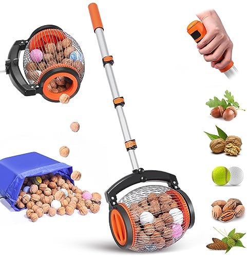 Nusssammler Roller – Walnuss Sammler für Garten mit Tritt-Öffnung – Leicht zu Reinigen – Ergonomischer Einstellbarer Stiel – Für Nüsse, Eicheln, Kastanien, Golfbälle (1 Gallone Fassungsvermögen)