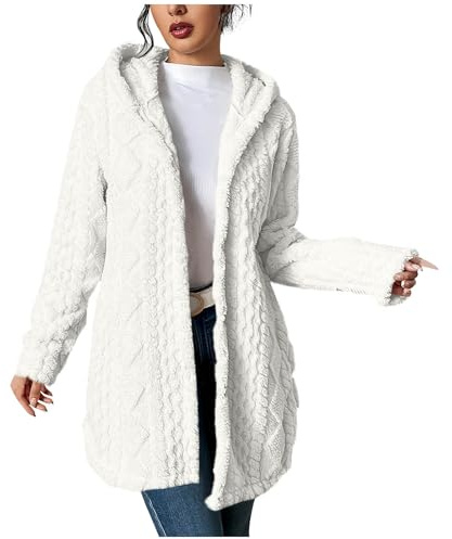 Womens Fluffy Thick Cardigans with Hood Button Down Fluffy Longline Jacket Soft Chunky Aran Cable Knit Cardigans Winter Warm Fleece Cardigan Coat