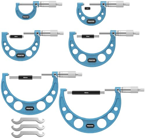 Proster Micromètre Extérieur 0–150mm 6 Pièces – Outside Micrometer Mécanique 0,01mm avec Ratchet Stop, Satin Chrome & Échelle Laser, Kit Professionnel avec Étandards d’Étalonnage et Boîte pour Atelier
