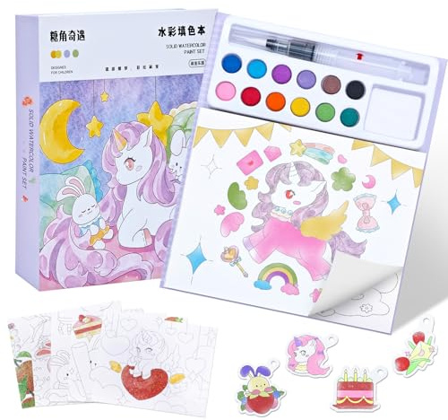 SHOWHEEL Einhorn Malbuch mit Wasserfarben für Kinder ab 5-8 Jahre | DIY-Einhorn-Malset mit Wasserfarben, Pinsel und Vorlagen,Fördert Kreativität und ist ein tolles Geschenk für Kinder