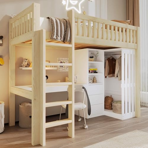 YCYDHDM Hochbett 90x200 cm mit Kleiderschrank und Schreibtisch, Etagenbett mit Schubladen und Stauraum, Lattenrost, Bettgestell aus Kiefernholz, Sicherheitszaun-Design, Holzfarbe+Weiß
