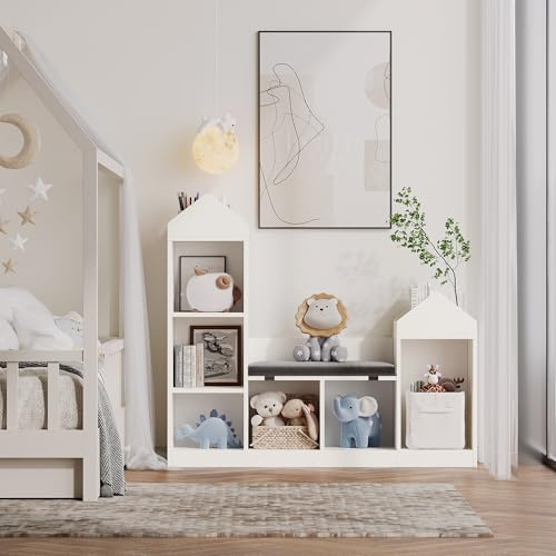 Thaookte Spielzeugregal Kinderregal Mit Sitzbank, Bücherregal Kinder Und Spielzeugregal 2-in-1 Bücherschrank Mit 8 Fächern Und 1 Kissen Für Kinderzimmer Schlafzimmer Leseecke, 121 x 30 x 108 cm