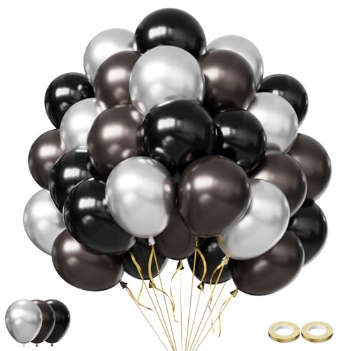 Luftballons Schwarz Silber FQZYLCH 60 Stück 12 zoll Schwarze Latex Ballons Silber Metallic Chrome Luftballons für Runde Geburtstag Abschluss Ruhestand EID Silvester Party Deko