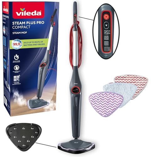 Vileda Steam Plus Pro scopa a vapore, rimuove fino al 99% di batteri e virus, ideale per pavimenti delicati, con 4 impostazioni di vapore, include vassoio di stoccaggio